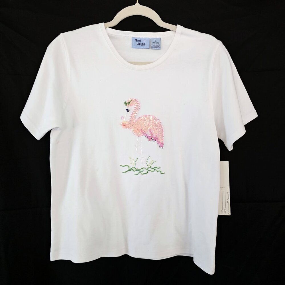 Jane Ashley Matching Flamingo Set White Beaded Shirt and Green Capris - Picture 5 of 5